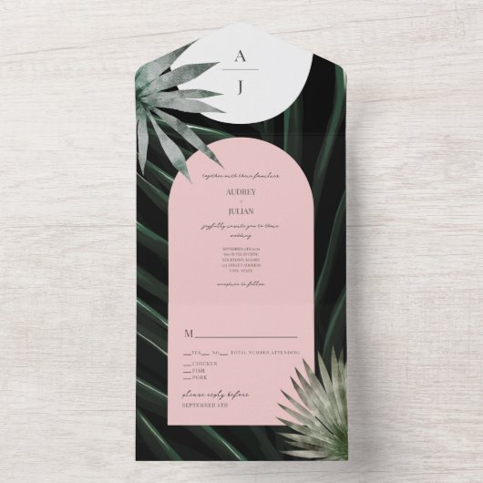 Tropische Blush Roze Palm Leaf Monogram Bruiloft All In One Uitnodiging (Binnen)