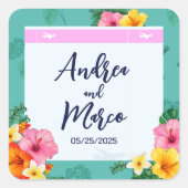 Tropische Boarding Pass Bestemming Bruiloft Vierkante Sticker (Voorkant)