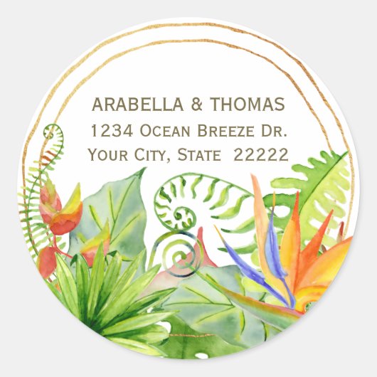 Tropische Boeket Waterverf Bloemige Retouradres Ronde Sticker (Voorkant)