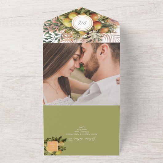 Tropische Boho Citroen Oranje bruiloft All In One Uitnodiging (Buitenkant)