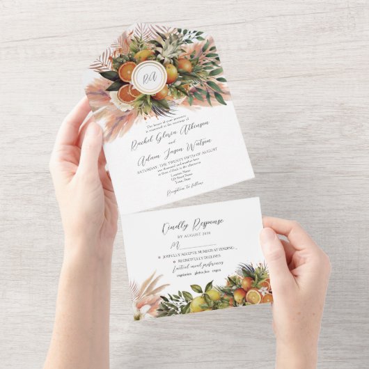 Tropische Boho Citroen Oranje bruiloft All In One Uitnodiging (Afscheurbaar)