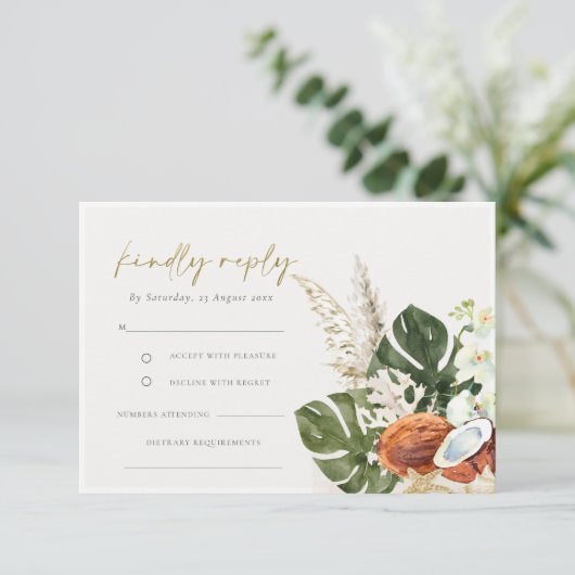 Tropische Boho Coconuts Orchids Palm Wedding RSVP Informatiekaartje (Staand voorkant)