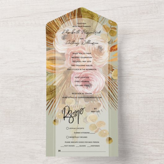 Tropische Boho Floral Arch Sage Green Wedding All In One Uitnodiging (Binnen)