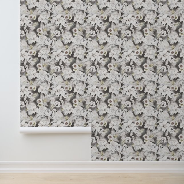 Tropische Boho Florals Flamingo's Palmbladeren Behang (Applicatie)