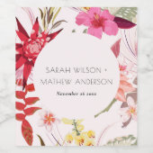Tropische Boho Lively Red Blush Floral Wedding Wijn Etiket (Enkel label)
