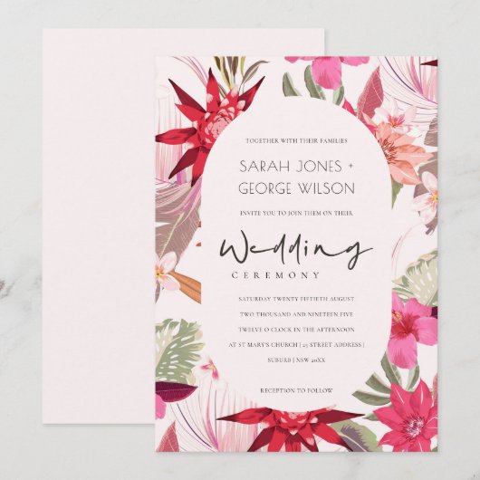Tropische Boho Red Blush Floral Wedding Invite Bedankkaart (Voorkant / Achterkant)