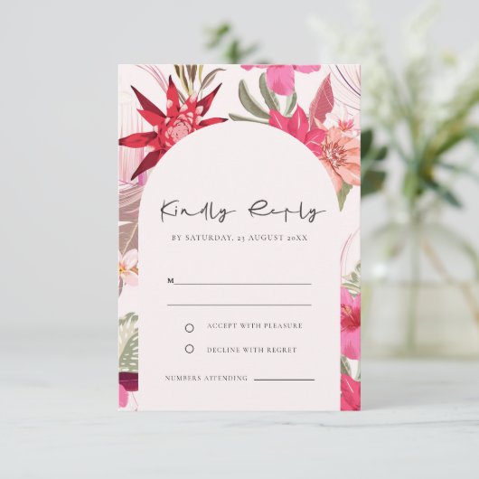 Tropische Boho Red Blush Voetbal Weddenschap RSVP Informatiekaartje (Staand voorkant)
