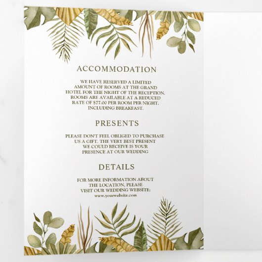 Tropische Boho reed met palmbladeren in één bruilo Drieluik Uitnodiging (Binnenzijde eerst)