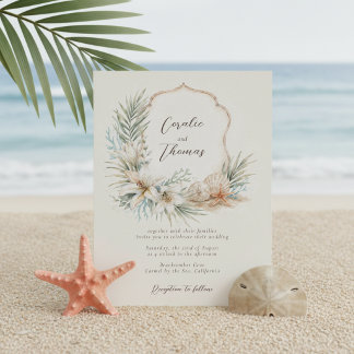 Tropische Boho-strandtrouw met familiewapen Kaart