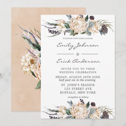 Tropische Boho White Protea Floral Wedding Invitat Kaart (Voorkant / Achterkant)