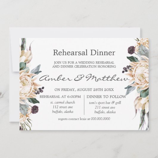 Tropische Boho White Protea repesal Dinner Invita Kaart (Voorkant)