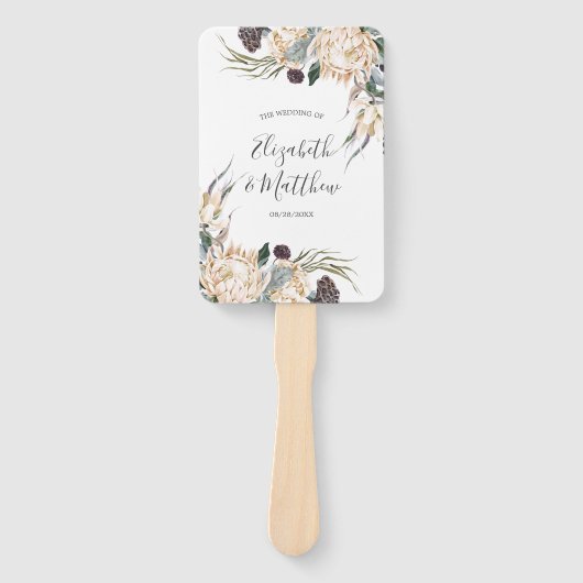 Tropische Boho White Protea Weddenschap Hartelijk  Handwaaier (Voorkant)