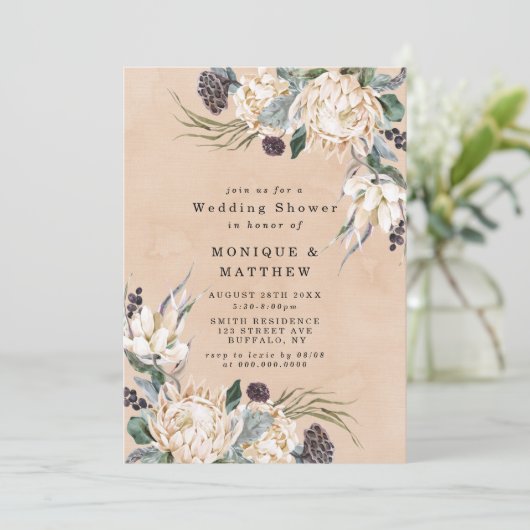 Tropische Boho White Protea Wedding Shower nodigt  (Staand voorkant)