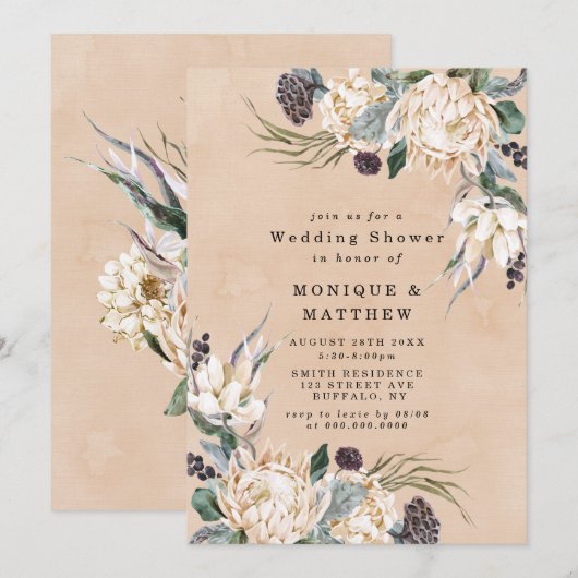 Tropische Boho White Protea Wedding Shower nodigt  (Voorkant / Achterkant)