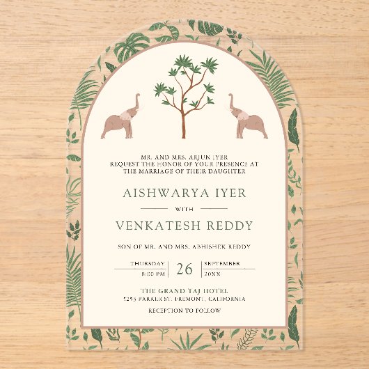 Tropische Bos Olifantenboog Indiase bruiloft Acryl Uitnodigingen (Voorkant)