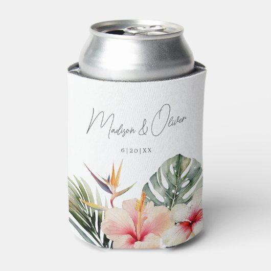 Tropische Botanicals Waterverf Trouwgunst Blikjeskoeler (Blikje Voorkant)