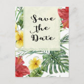 Tropische botanische bladeren bloemige Aloha datum Aankondigingskaart (Voorkant)