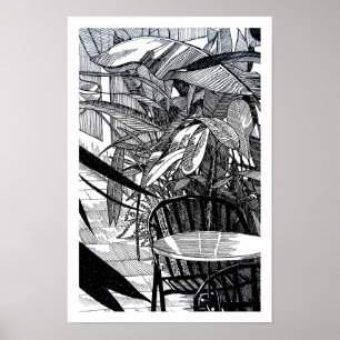 Tropische botanische bladeren lijn kunst tekening poster