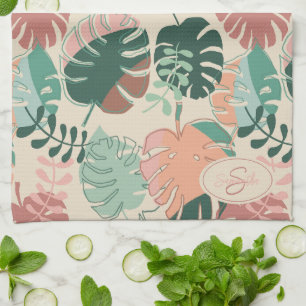 Tropische Botanische Bladeren Monogram Keuken Hand Theedoek