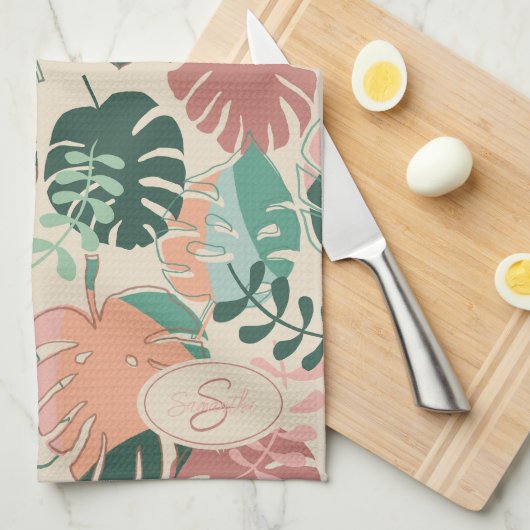 Tropische Botanische Bladeren Monogram Keuken Hand Theedoek (Quarter Fold)