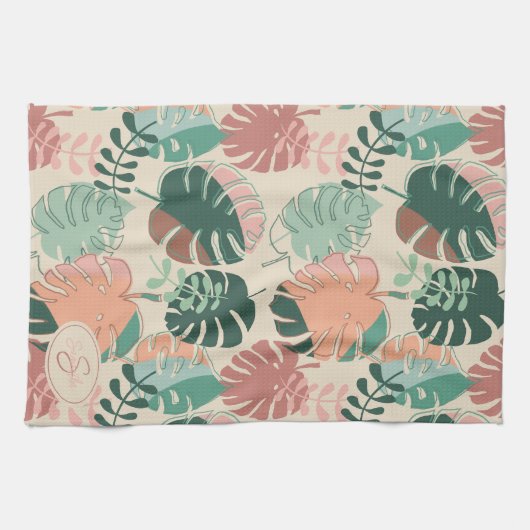 Tropische Botanische Bladeren Monogram Keuken Hand Theedoek (Horizontaal)