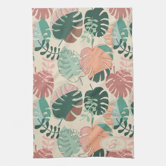 Tropische Botanische Bladeren Monogram Keuken Hand Theedoek (Verticaal)