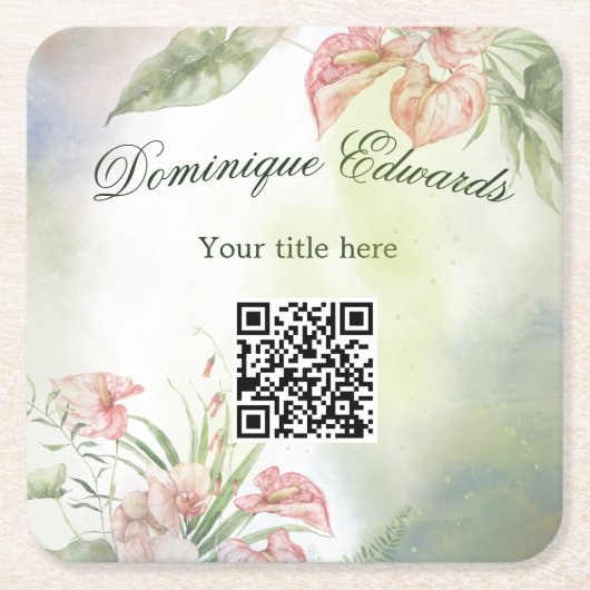 Tropische Botanische Bloem QR Code Elegant Stijlvo Kartonnen Onderzetters (Voorkant)