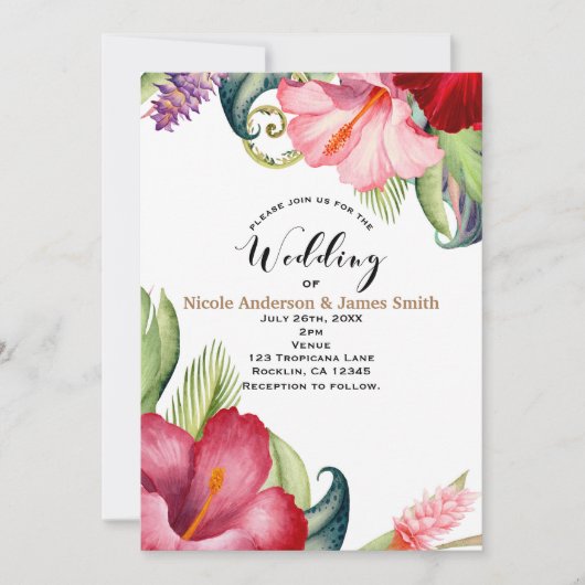 Tropische Botanische Bloemen Aloha Huwelijksuitnod Kaart (Voorkant)