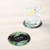 Tropische Botanische bruiloft Monogram en datum Ronde Kartonnen Onderzetter (Insitu)