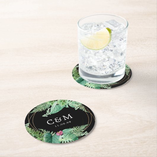 Tropische Botanische bruiloft Monogram en datum Ronde Kartonnen Onderzetter (Insitu)