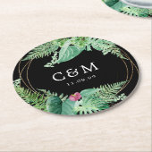 Tropische Botanische bruiloft Monogram en datum Ronde Kartonnen Onderzetter (Gebogen)