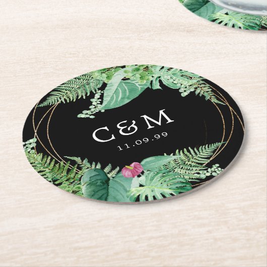 Tropische Botanische bruiloft Monogram en datum Ronde Kartonnen Onderzetter (Gebogen)