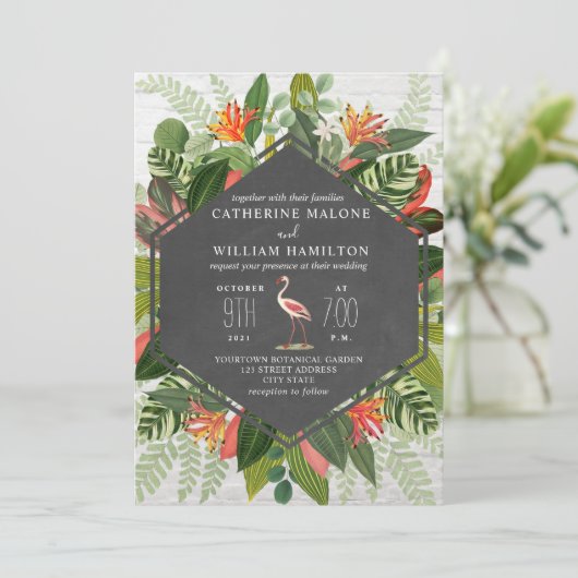Tropische botanische Flamingo Chalkboard Weddensch Kaart (Staand voorkant)