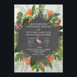 Tropische botanische Flamingo Chalkboard Weddensch Kaart<br><div class="desc">Een trouwuitnodiging met een afbeelding van een krijtbord,  geïnspireerd op hexagon in het midden boven tropisch botanisch ontwerp met een witte bakstenen achtergrond en achteruit. Flamingo illustratie in het midden.</div>