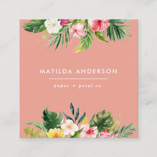 Tropische botanische floraalroze moderne naaldblad vierkante visitekaartje (Voorkant)
