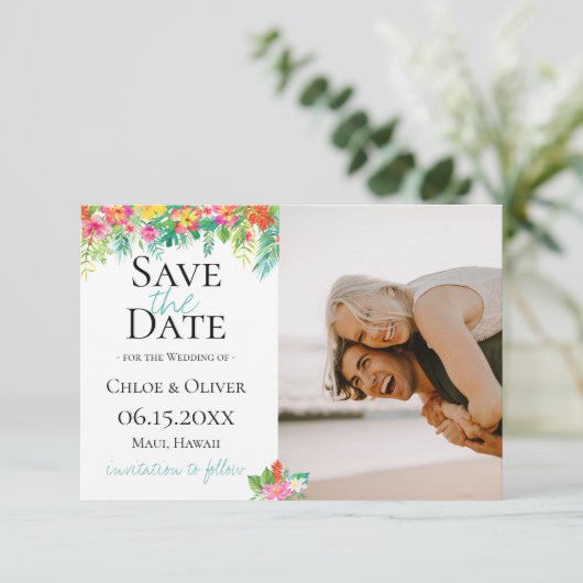 Tropische botanische foto save the date aankondiging (Staand voorkant)