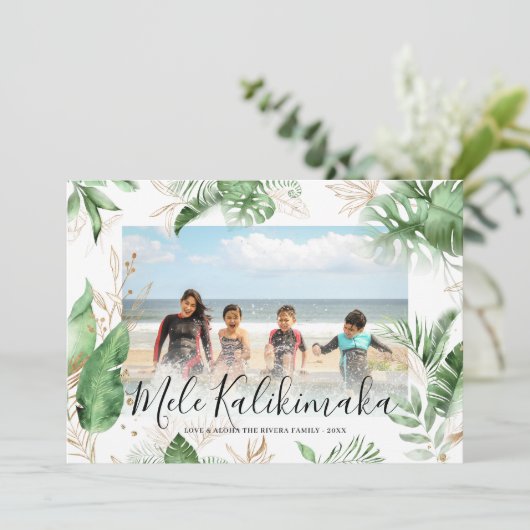 Tropische Botanische Mele Kalikimaka kerstfoto Feestdagenkaart (Staand voorkant)