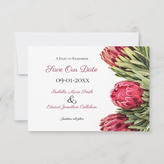 Tropische Botanische Roze Protea Bloemen Bruiloft Save The Date (Voorkant)