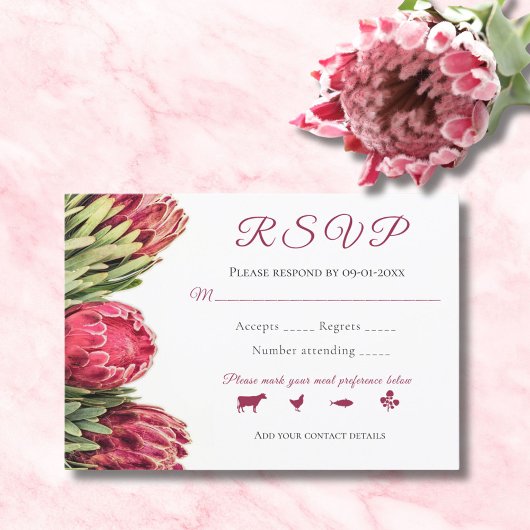 Tropische botanische roze proteas Bouquet Wedding  RSVP Kaartje
