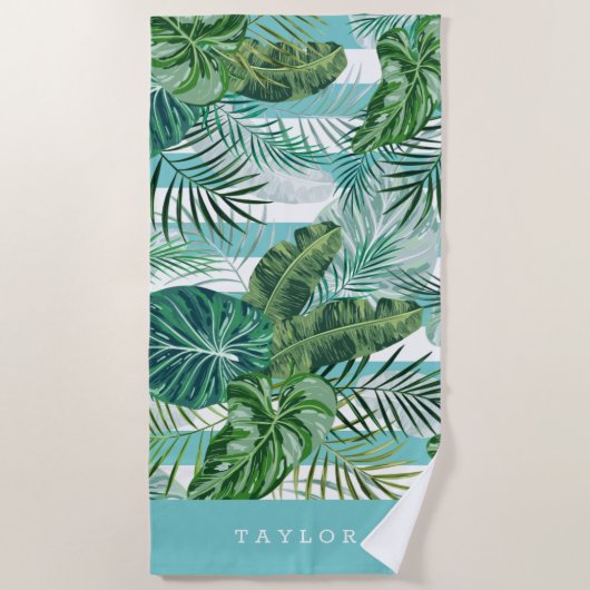 Tropische botanische streep gepersonaliseerd strandlaken (Voorkant)