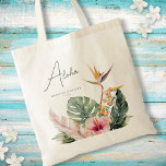 Tropische Botanische Waterverf Bestemming Bruiloft Tote Bag<br><div class="desc">Deze elegante canvas tas van het bestemmingshuwelijk kenmerkt prachtige waterverf botanicals met inbegrip van palmbladeren, hibiscus, en paradijsvogel. De typografie is klassiek en toch modern. Het script op de voorkant zegt "Aloha" maar dit kan gemakkelijk worden aangepast. Dit is het perfecte ontwerp voor een tropisch strand of bestemmingsbruiloft. Zie het...</div>