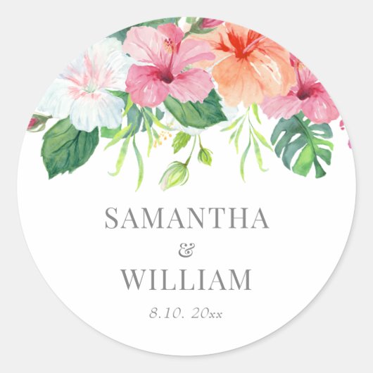 Tropische botanische Waterverf Floral Wedding Ronde Sticker (Voorkant)