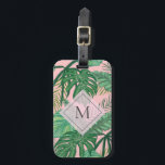 Tropische botanische Waterverf roze kunstmonogram Bagagelabel<br><div class="desc">Elegant bagagelabel met botanische groene en roze waterverf kunst.</div>