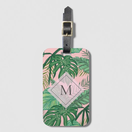 Tropische botanische Waterverf roze kunstmonogram Bagagelabel (Voorkant (verticaal))