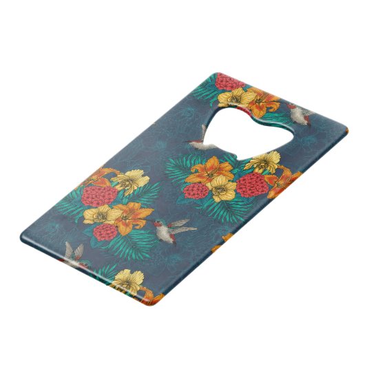 Tropische bouquet en kolibrie creditkaart flessenopener (Achterkant Gekanteld)