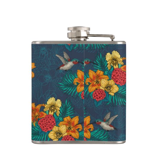 Tropische bouquet en kolibrie heupfles (Achterkant)