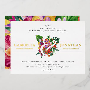 Tropische Bouquet & Modern Typography Wedding Folie Uitnodiging