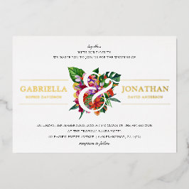 Tropische Bouquet & Modern Typography Wedding Folie Uitnodiging