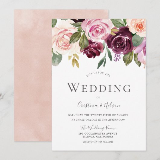 Tropische Bourgogne Blush Modern Wedding Kaart (Voorkant / Achterkant)