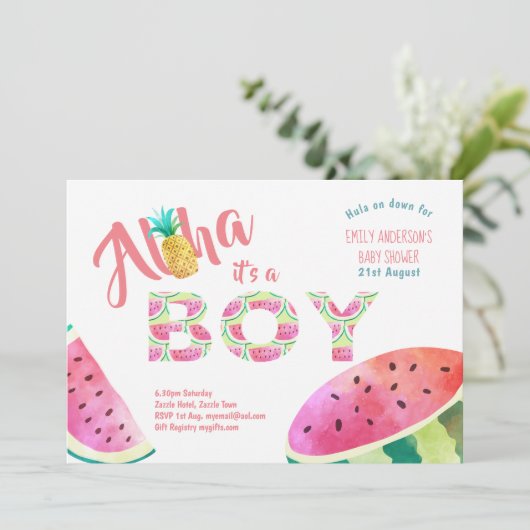 Tropische BOY Baby Shower Uitnodigingen ALOHA Wate (Staand voorkant)